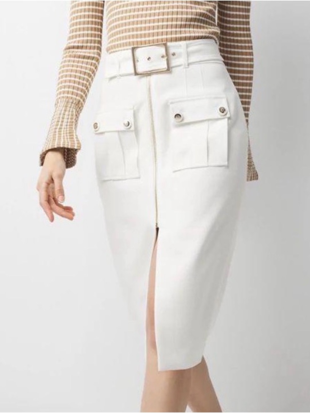White House Black Market White Belted Pencil Skirt with Front Flap Pockets